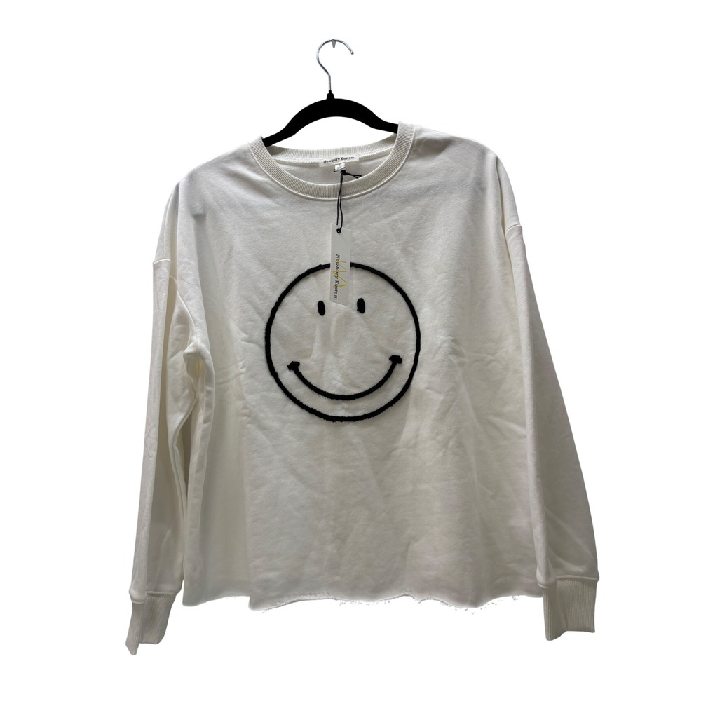 NWT Newbury Kustom White Smiley Face Graphic Raw Hem Sweatshirt Style Small